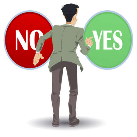Man presses green start button. Young guy facing a dilemma. Startup key. Illustration concept for mobile website and internet development.のイラスト素材
