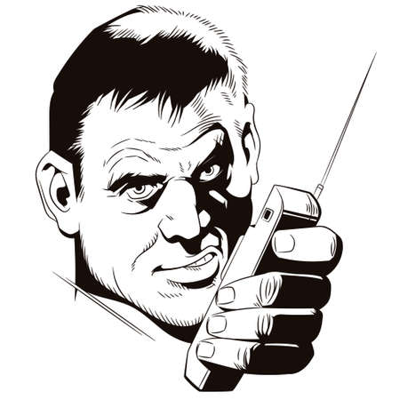 Male with walkie-talkie. Cool man speaking into his portable radio. Stock illustration.のイラスト素材
