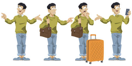 Traveler in different poses. Picture set of tourists. Illustration concept for mobile website and internet development.のイラスト素材