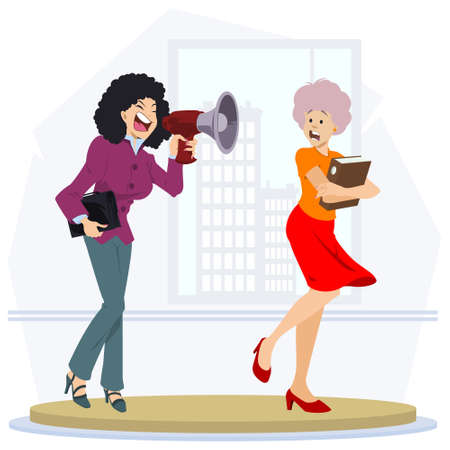 Businesswoman yelling with megaphone to her female employee. Angry boss. Illustration concept for mobile website and internet development.のイラスト素材