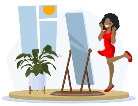 Happy girl in front of mirror. Successful shopping. Illustration concept for mobile website and internet development.のイラスト素材