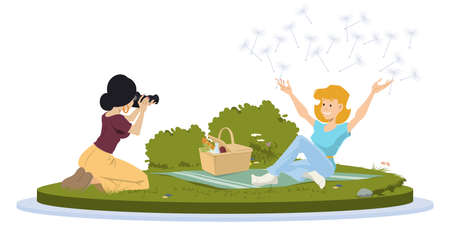 Girlfriends taking photos in nature. Illustration concept for mobile website and internet development.のイラスト素材