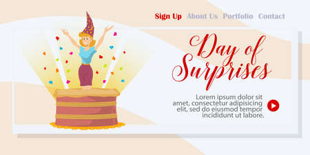 Day of Surprises. Girl jumps out of box. Happy holiday. Template landing page. Illustration concept for mobile website and internet development.のイラスト素材