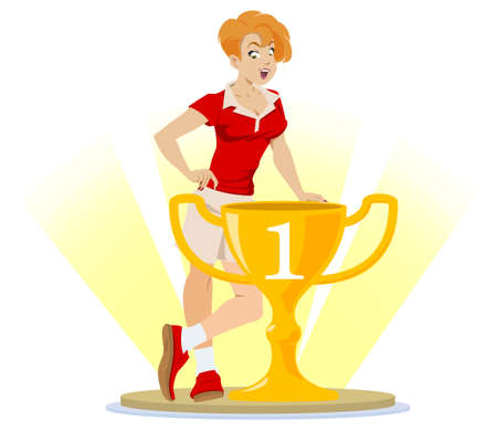 Girl winner in first place on podium. Triumph of woman. Illustration concept for mobile website and internet development.のイラスト素材
