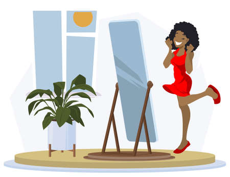 Happy girl in front of mirror. Successful shopping. Illustration concept for mobile website and internet development.のイラスト素材