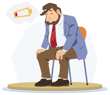 Male low energy and needs charging. Tired businessman on break. Man sat down to rest. Illustration concept for mobile website and internet development.のイラスト素材