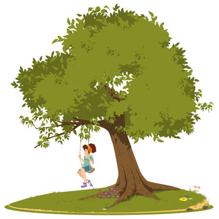 Seesaw riding day. Girl on swing. Illustration concept for mobile website and internet development.のイラスト素材