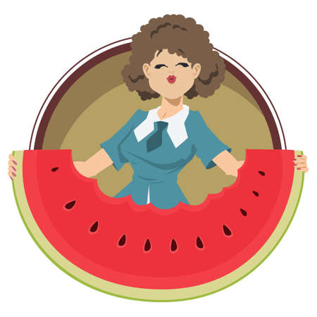 Template for landing page of watermelon day. Cute sticker with berry and human. Illustration concept for mobile website and internet development.のイラスト素材