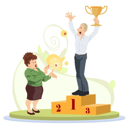 Businessman winner with cup trophy. Startup launch and investment venture concept. Teamwork metaphor. Illustration concept for mobile website and internet development.のイラスト素材