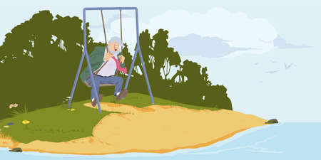 Seesaw riding day. Male on swing. Illustration concept for mobile website and internet development.のイラスト素材