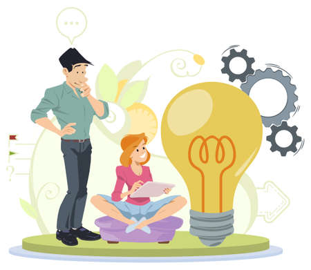 Business opportunity with human and bulb light. Startup launch and investment venture. Teamwork metaphor. Illustration concept for mobile website and internet development.のイラスト素材