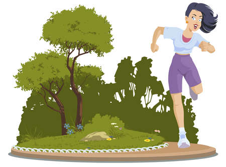 Girl running in park. Healthy life. Illustration concept for mobile website and internet development.のイラスト素材