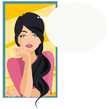 Beautiful woman face thinking. Cute dreaming girl. Illustration concept for mobile website and internet development.のイラスト素材