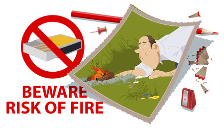 Man kindles fire in forest. Illustration concept for mobile website and internet development.のイラスト素材