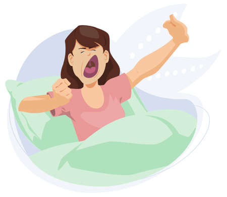 Girl yawns and stretches in morning in bed. Illustration concept for mobile website and internet development.のイラスト素材
