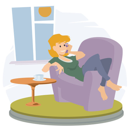 Girl is resting and talking on phone. Illustration concept for mobile website and internet development.のイラスト素材