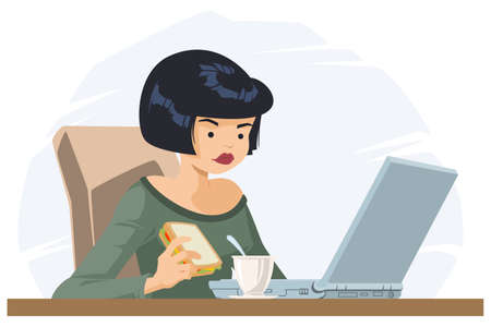 Girl eat and works on laptop. Illustration concept for mobile website and internet development.のイラスト素材