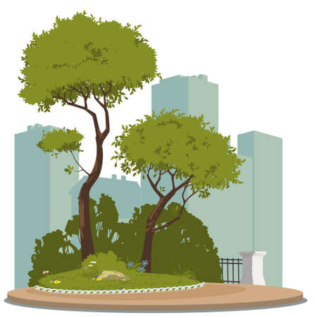 Town landscape. Trees in city park. Illustration for internet and mobile website. Stock illustration.のイラスト素材