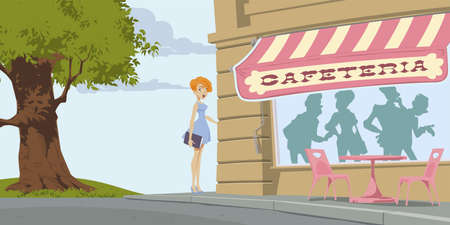 Girl goes to cafeteria. Illustration concept for mobile website and internet development.のイラスト素材