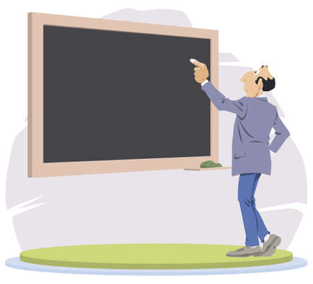Teacher in classroom. Man writes with chalk on a blackboard. Illustration concept for mobile website and internet development.のイラスト素材