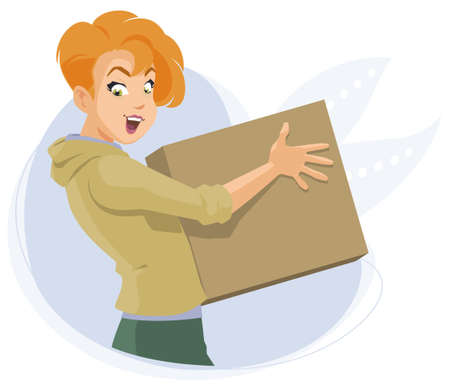 Girl with box. Delivery service courier. Illustration concept for mobile website and internet development.のイラスト素材