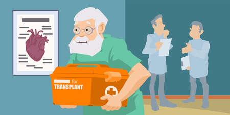 Man in medical uniform. Medic with box for transporting organs. Illustration concept for mobile website and internet development.のイラスト素材