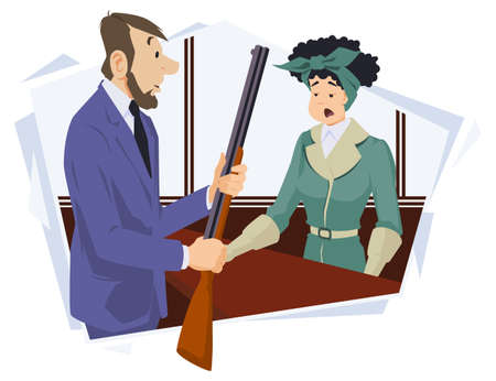 Girl in gun shop. Woman talking with vendor. Illustration concept for mobile website and internet development.のイラスト素材