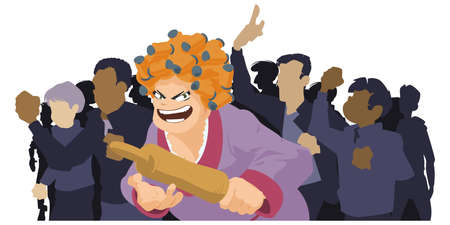 Woman with rolling pin on demonstration. Protesting people. Riots in street. Illustration concept for mobile website and internet development.のイラスト素材