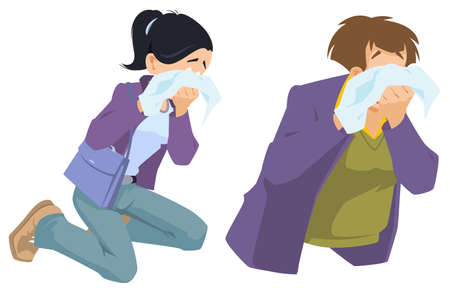 Crying girl covers her face hands. Illustration concept for mobile website and internet development.のイラスト素材