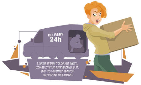 Girl with box. Delivery service courier. Illustration concept for mobile website and internet development.のイラスト素材
