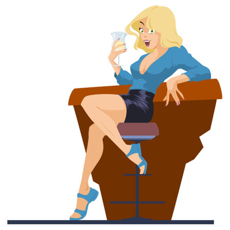 Beautiful girl at bar with glass of wine. Illustration concept for mobile website and internet development.のイラスト素材