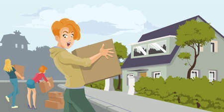 Girls are moving to a new home. Illustration concept for mobile website and internet development.のイラスト素材