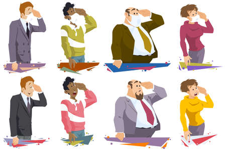 Fighting Coronavirus. People with medical masks salute. Illustration concept for mobile website and internet development.のイラスト素材