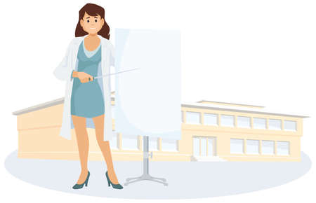 Woman doctor shows to poster. Illustration concept for mobile website and internet development.のイラスト素材