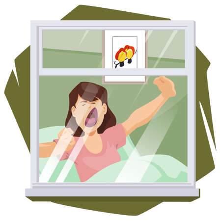 Girl yawns and stretches in morning in bed. Illustration concept for mobile website and internet development.のイラスト素材
