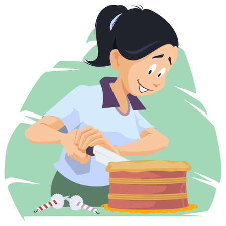 Girl cuts cake. Happy Birthday. Joyful holiday. Illustration concept for mobile website and internet development.のイラスト素材
