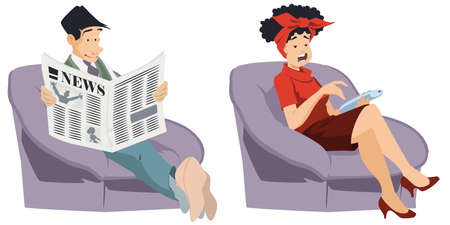 Man and woman in armchairs. Illustration concept for mobile website and internet development.のイラスト素材