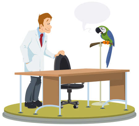 Doctor talks to parrot. People and animal. Illustration concept for mobile website and internet development.のイラスト素材