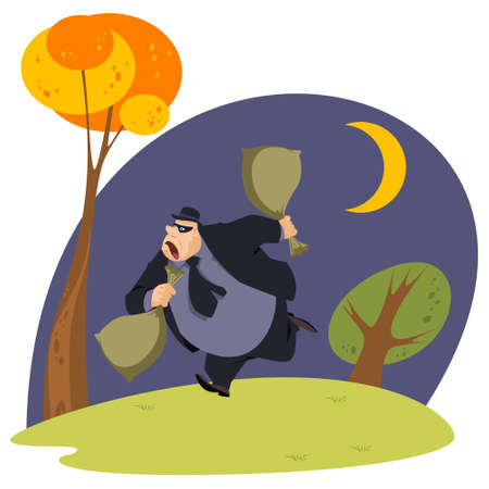 Robber with bag of loot. Thief escapes from crime scene. Illustration concept for mobile website and internet development.のイラスト素材