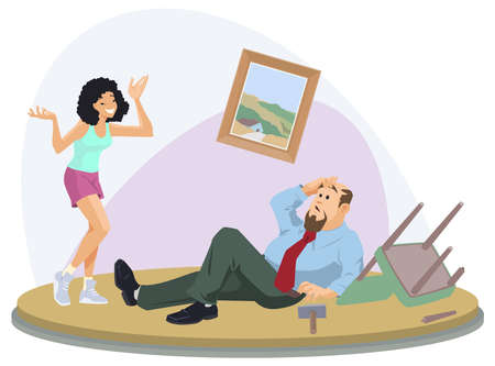 Unsuccessful renovation. Man was unable to hang picture. Illustration concept for mobile website and internet development.のイラスト素材