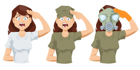 Beautiful girl soldier salutes. Saluting Woman. Illustration concept for mobile website and internet development.のイラスト素材