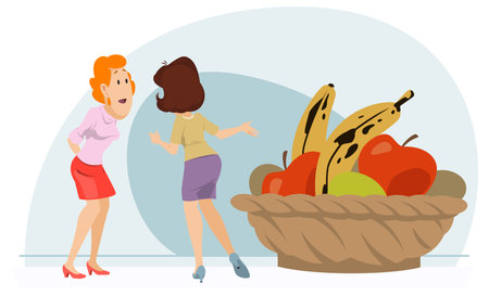 Girls near fruit basket. Funny small humans. Illustration concept for mobile website and internet development.のイラスト素材