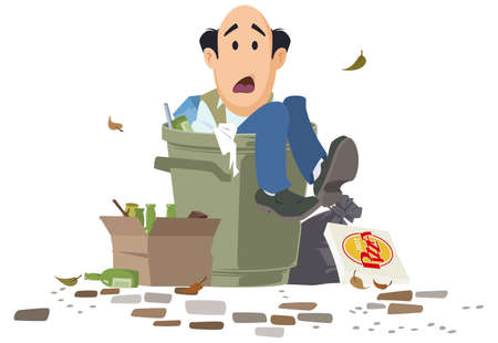 Man thrown into trash bin. Unnecessary male. Illustration concept for mobile website and internet development.のイラスト素材