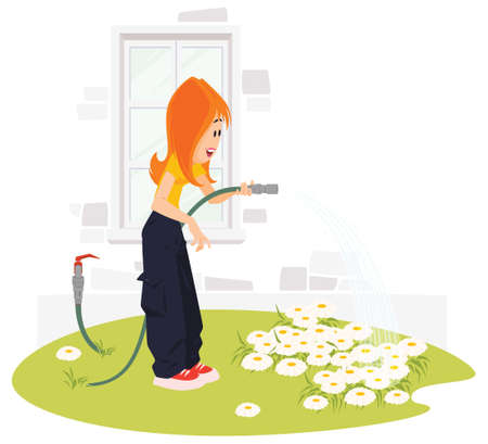 Girl watering flowers near house. funny people. Illustration concept for website and mobile website development.のイラスト素材