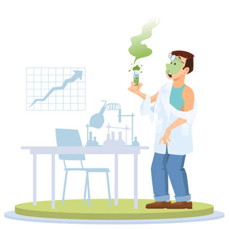 Man with test tube in hand. Crazy chemist with failed experiment. Mad scientist. funny people. Illustration concept template for website, web landing page, banner, presentation, social, poster, promotion or print media.のイラスト素材