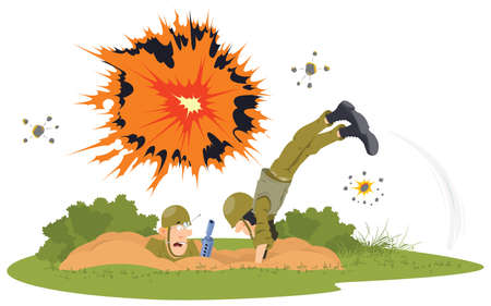 Frightened soldiers are hiding in trenches from shelling. funny people. Illustration concept template for website, web landing page, banner, presentation, social, poster, promotion or print media.のイラスト素材