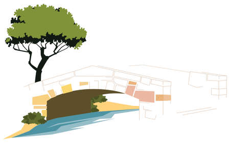 small bridge across river. Illustration concept template for website, web landing page, banner, presentation, social, poster, promotion or print media.のイラスト素材