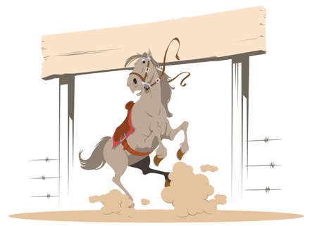 Brumby in front of ranch sign. Mustang on wild west. Illustration concept template for website, web landing page, banner, presentation, social, poster, promotion or print media.のイラスト素材