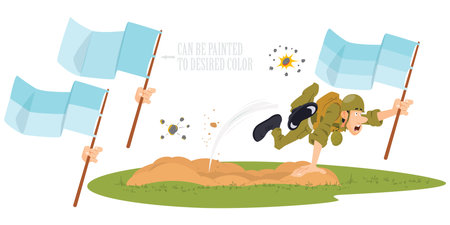 Soldier running on attack under explosions. funny people. Illustration concept template for website, web landing page, banner, presentation, social, poster, promotion or print media.のイラスト素材