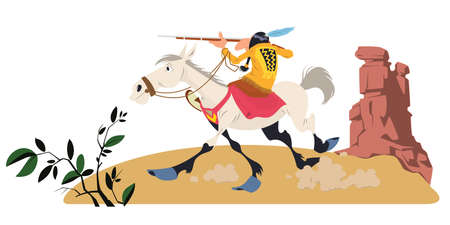 National american indian riding horse with gun. funny people. Illustration concept template for website, web landing page, banner, presentation, social, poster, promotion or print media.のイラスト素材